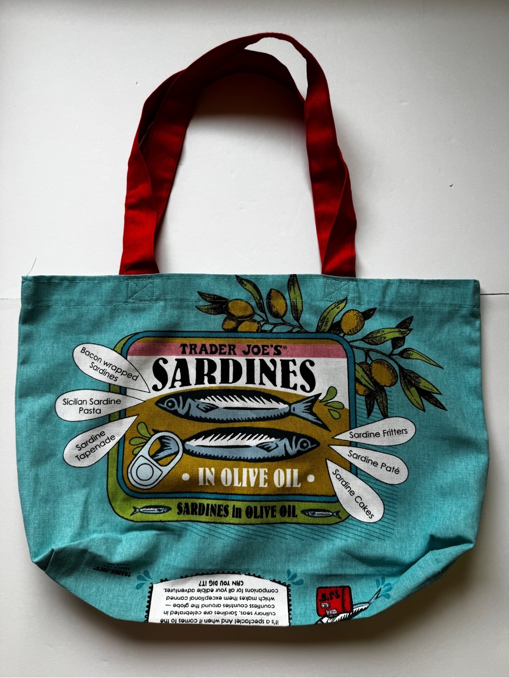 Trader Joe’s Turquoise Sardines Canvas Tote Vintage Like New Shopping Bag OS